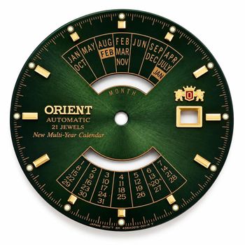 Oryginalna tarcza do zegarka Orient 46D40019-001FGT-R – butelkowa zieleń, złote detale.jpg